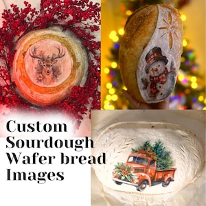 May include: Three different sourdough wafer breads with custom images. The first bread has a deer image, the second has a snowman image, and the third has a red truck with a Christmas tree in the bed.