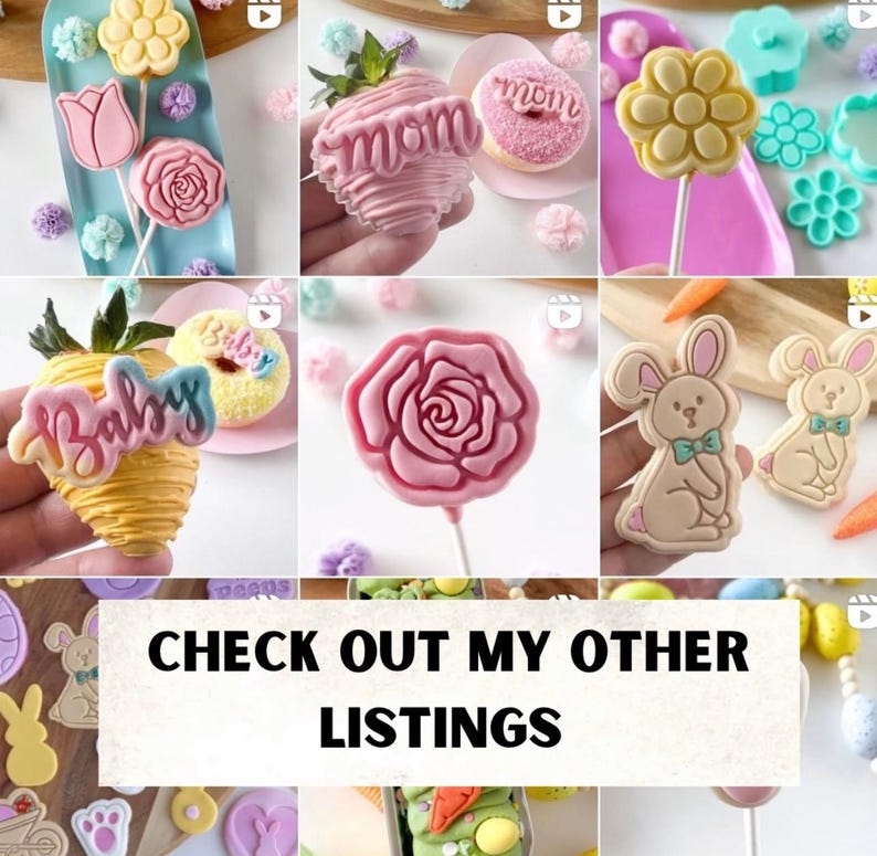 May include: A collection of colorful, decorated cookies and cake pops. The cookies are shaped like bunnies, flowers, and strawberries. The cake pops are decorated with flowers, roses, and the words "Mom" and "Baby".