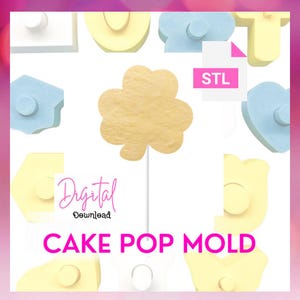 May include: A digital download image featuring a yellow shamrock-shaped cake pop mold on a white stick. The image includes the text "Digital Download" and "CAKE POP MOLD" in pink. Surrounding the shamrock are various pastel-colored shapes.