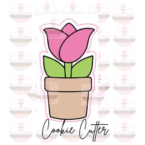 May include: A cookie cutter in the shape of a pink tulip in a brown pot. The cookie cutter is outlined in black. The text "Cookie Cutter" is written below the image.