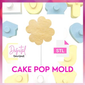 May include: A digital download for a cake pop mold in the shape of a flower. The mold is light brown and has a textured surface. The image also includes the text "Digital Download" and "Cake Pop Mold".