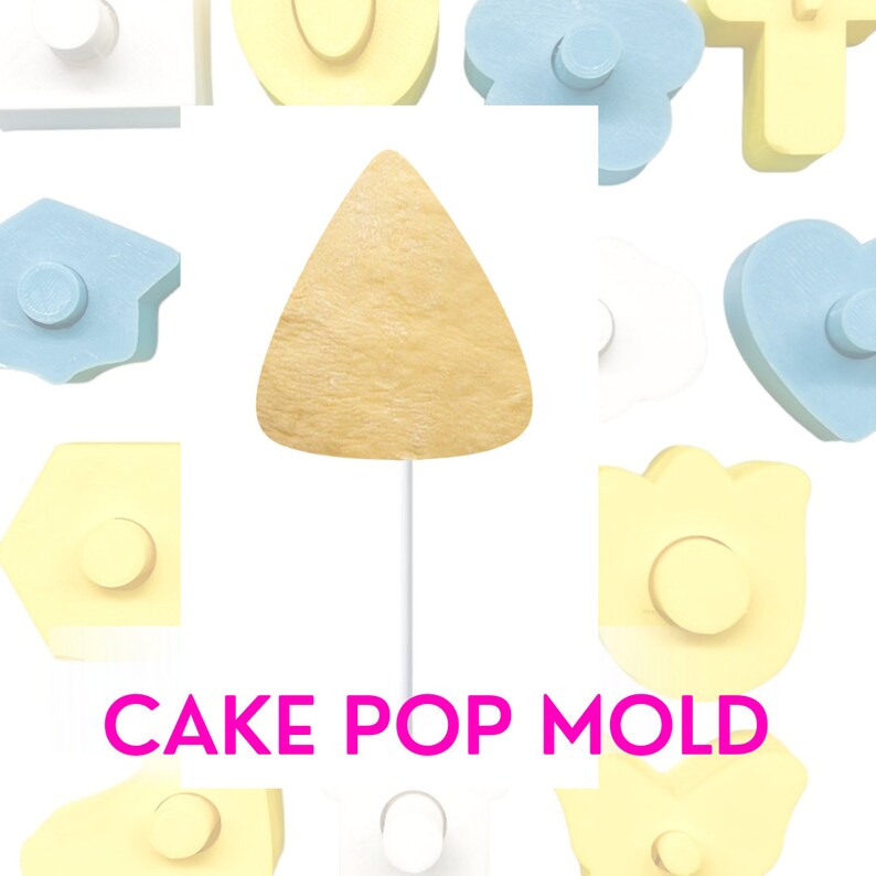 May include: A set of cake pop molds in various shapes, including a heart, a cloud, a house, a flower, and a triangle. The molds are made of a light yellow and blue plastic. The text "CAKE POP MOLD" is printed in pink letters below the molds.