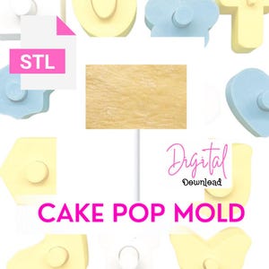 May include: Digital download STL file for a cake pop mold. The mold is made up of various shapes, including a heart, a cloud, a star, a house, and a butterfly. The shapes are in pastel colors, including yellow, blue, and pink.