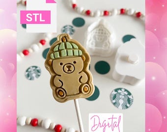 Molde para cake pops con descarga digital de bebida de oso barista, con émbolo y sello de fondant