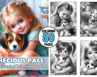 Precious Pals Grayscale Coloring Book - 50 Designs of Girls Cuddling Dogs Cats and Rabbits Digital Download PNG PDF Stress Relief Relaxation