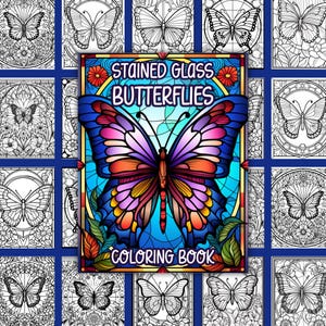 Op de afbeelding: Een kleurboek met gebrandschilderde vlinders. De omslag toont een kleurrijke vlinder met blauwe, paarse, oranje en gele vleugels. De titel "Stained Glass Butterflies Coloring Book" staat op de omslag gedrukt.