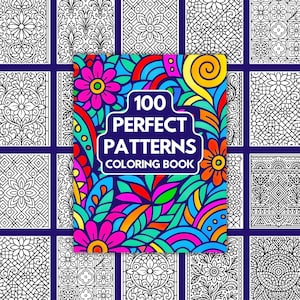 以下が含まれることがあります： 100 PERFECT PATTERNS COLORING BOOKというテキストが記載された、鮮やかな多色の花柄と抽象的な表紙の塗り絵。背景には、白黒の複雑な幾何学模様や花柄の線画がグリッド状に並んでいます。