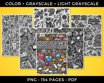 158 Doodle Dreams : un livre à colorier en niveaux de gris d'animaux, de sports, de fleurs, d'école, de contes de fées et plus