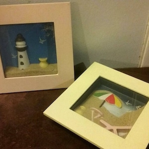 3D-tavelset väggbonad vintage strandhus sandlåda skugglåda lot fyrram set 2 sommar sällsynt liten trä sand kust heminredning