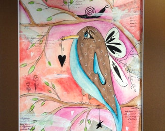 Mixed Media Original Art, Whimsical Bird Mixed Media, Whimsical Bird Painting, Bird Painting, Brown Bird, One of a Kind Art