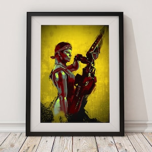 Może przedstawiać: Cyfrowy obraz kobiety z bandaną na głowie, trzymającej dużą broń z napisem "ADIOS". Tło jest żółte i zielone.