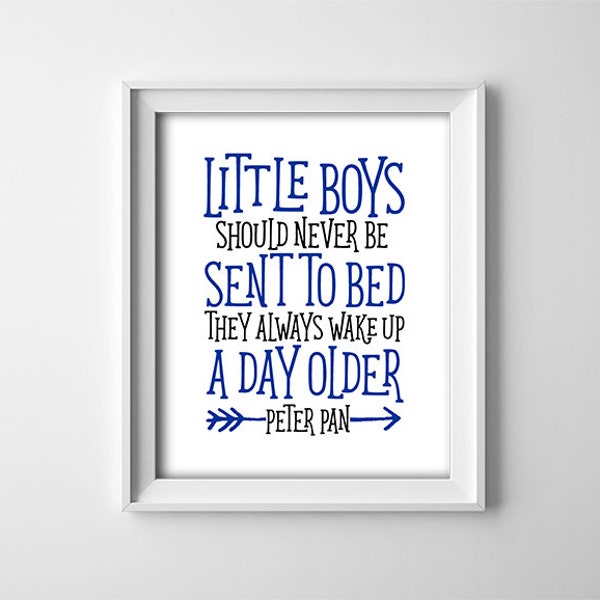INSTANT DOWNLOAD 8X10" printable digital art - Little boys should never be sent to bed - Black,blue,white minimalist nursery - Peter Pan