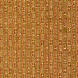 May include: Close-up of a textured fabric with a repeating pattern of vertical columns. The columns are a warm orange colour, with a gold-coloured, oval-shaped design woven throughout. The fabric has a slightly raised texture.