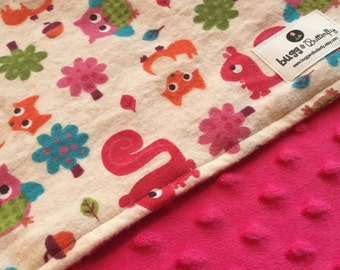 SALE Bright Pink Woodland Animal Baby blanket, Woodland theme nursery decor, Girls Forest Nursery, Woodland Baby Shower,Bright Magenta minky