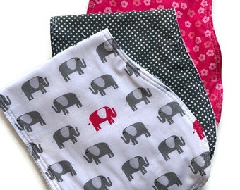 Burp Cloth Set of 3, Pink Elephant ,100% cotton fabrics, baby shower, newborn gift, baby girl, Nursery decor, Burp rag, New mom gift ,grey