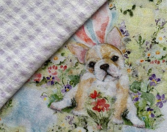 Easter Blanket BABY SET-Dog with bunny ears,Stroller blanket and burp cloth. Floral baby blanket, frenchie,easter bunny, flower baby blanket