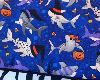 Halloween Blanket, trick or treating sharks, Halloween gift for kids, Not so scary Halloween, 20"x20" cotton and flannel, stroller blanket.