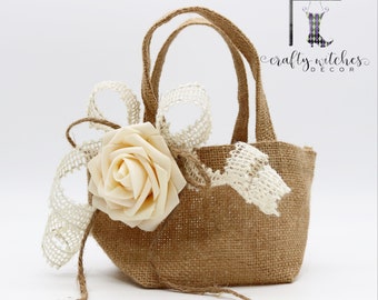 Small Burlap Flower Girl Basket Rustic Flower Girl Basket Flower Girl Bucket Here Comes The Bride Wedding Basket Country Wedding Barn Decor