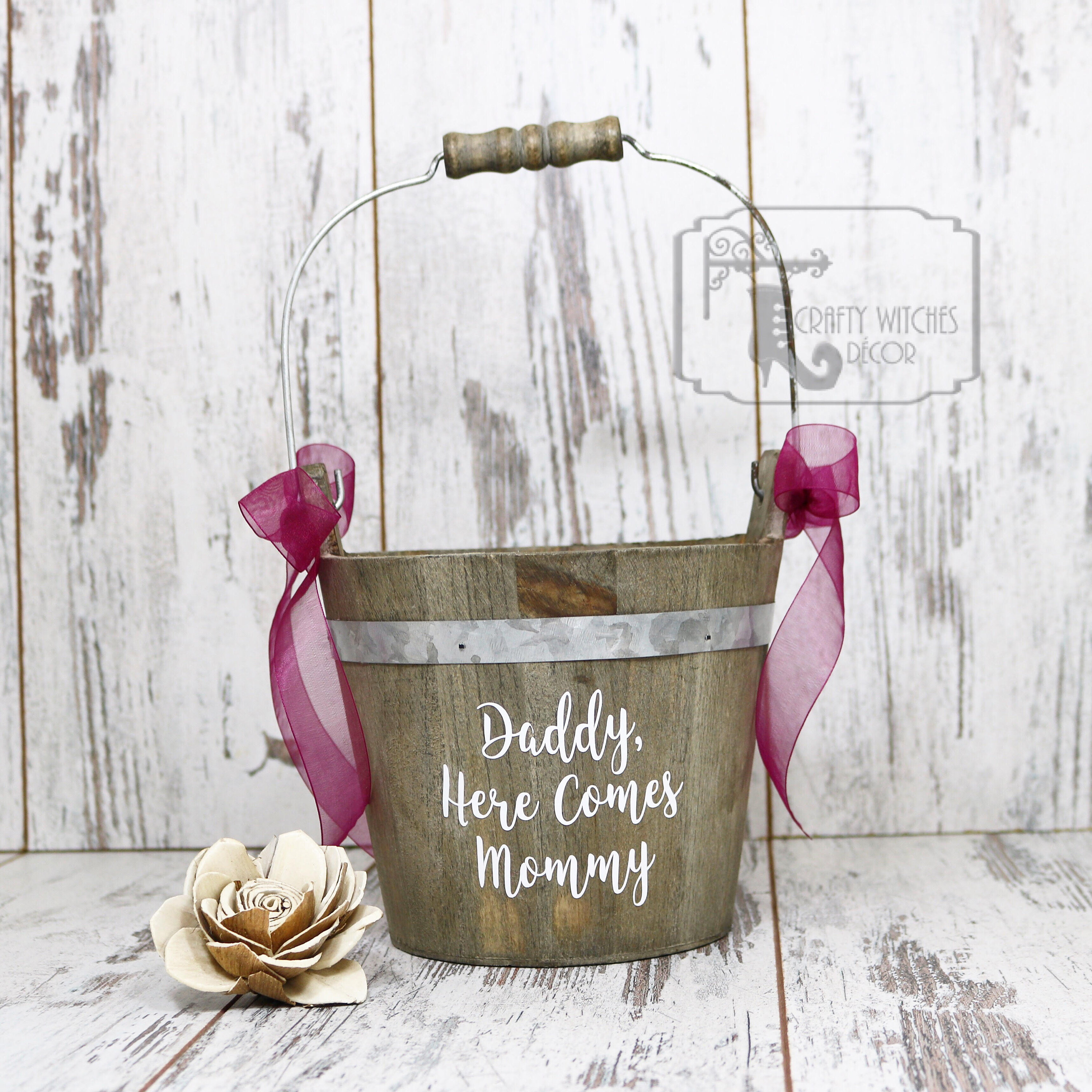 Personalized Daddy Here Comes Mommy Flower Girl Basket Flower
