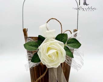 Flower Girl Basket, Flower Basket for Wedding, Basket For Flower Girl, Ivory & Greenery Wood Flower Girl Bucket, Rustic Wedding