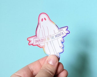 Employee of the Month Pink Holographic Ghost, Rainbow Water Bottle Sticker, White Laptop Decal, Spooky Work Office Humor Vinyl Sticker