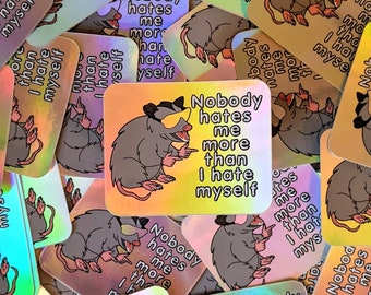 Depressed Opossum Holographic Sticker, Depression Humor Opossum Sticker, Mental Health Humor, Funny Laptop and Water Bottle Vinyl Sticker