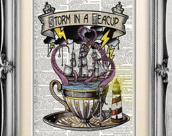 Storm in a Teacup Print, Art Print Mounted on Dictionary Book Page, Octopus Print, Home Decor