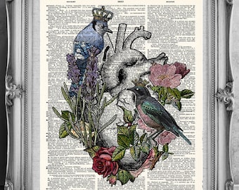 Corazón anatómico y flores, Impresión de corazón anatómico, Impresión de flores, Impresión artística, Impresión de ilustración, Arte de diccionario, Idea de regalo de decoración del hogar