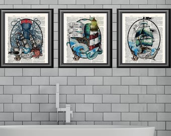 Octopus Art Print, Dictionary Art Print, Blue Octopus Wall Art, Blue Home Decor, Set di 3 stampe, Octopus Bathroom Decor, Marine Biology