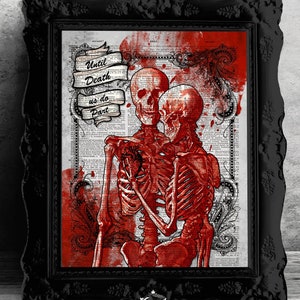 Red Skeletons Wall Art on Dictionary Book Page, Until Death us do Part Quote Wall Decor, Gothic Print, Wedding Gift