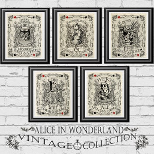 Alice in Wonderland Print Home Decor, Set of 5 dictionary book art, Cheshire Cat Print, White Rabbit Artwork, Queen of Hearts and Mad Hatter
