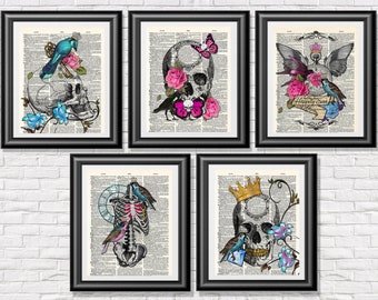 Gothic Skull Prints, Dictionary Book Pages, Anatomical Tattoo Set 1, Wall Decor Prints, Mixed Media Art Prints, Birds Prints