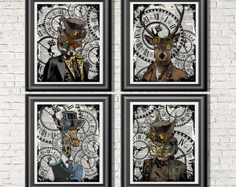 Conjunto de estampas de animais steampunk: raposa elegante, veado, coruja e girafa em páginas de dicionário antigo