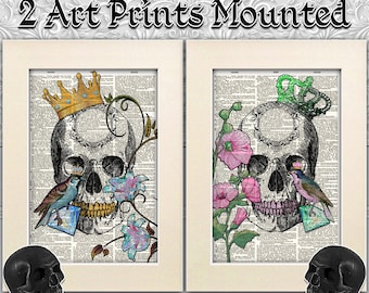 King & Queen Skulls art print, Gothic anatomical wall decor, dictionary art print