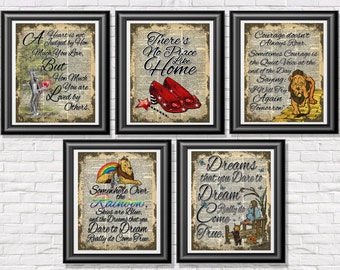 Art Print Set - The Wizard of Oz Poster - Wall Decor on Dictionary Pages - Nursery Wall Art - Home Decoration