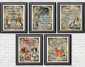 Alice in Wonderland wall decor, white rabbit print, alice print, cheshire cat print, wedding themed, nursery print, dictionary print