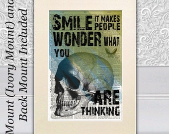 Smile quote, dictionary print, skull print, gothic art on dictionary book page