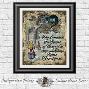 Dictionary book page print Alice in Wonderland and Cheshire cat. Art print on old book page, Wall decor Six Impossible Things quote.
