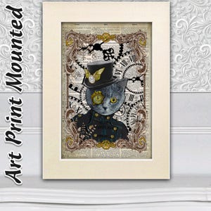 Cat Art Print, Steampunk, Wall Hangings, Animal Wall Decor, Nursery Print, Art Dictionary, Blue cat