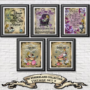 Alice in Wonderland poster prints, set of 5 prints on dictionary book pages, Cheshire cat print, Antique home decor, Wall art Wedding themed
