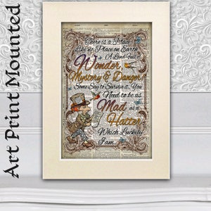 Alice in Wonderland, The Mad Hatter, Wonder quote wall art, Dictionary print, Picture
