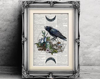 Blue Raven Print, Art Print on Real Dictionary Book Page, Potions Print, Skull Artwork, Wiccan Decor, Witchcraft Poster Print