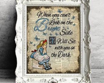 Alice in Wonderland Bright Side Quote Wall Art Poster - Nursery Home Decor - Full Color Childrens Book Illustration Print