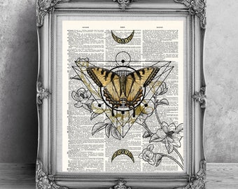 Geometric Butterfly Print, Art Print on Dictionary Book Page, Butterfly Wall Decor, Moon Print, Yellow Butterfly Home Decor