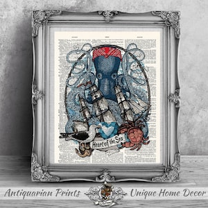 Octopus Art Print, Dictionary Art Print, Blue Octopus Wall Art, Blue Home Decor, Octopus Bathroom Decor, Octopus Marine Biology