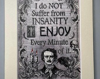Edgar Allan Poe Quote Art Print, Gothic Insanity Decor, Mounted Dictionary Page