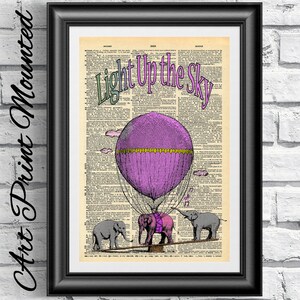 Art print on antique dictionary book page Baby Elephanst. Nursery print pink hot air balloon. Wall hangings artwork mixed media collage.