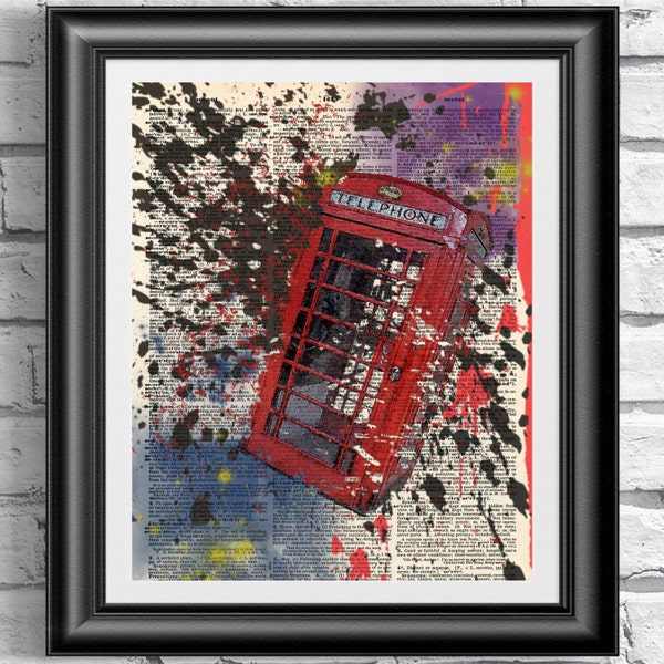 English red phone box book page print. Art print on antique dictionary book page. Wall hanging United Kingdom. Original vintage artwork.