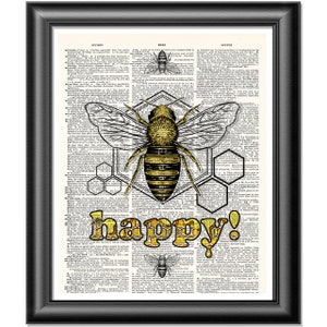 May include: A vintage dictionary page with a yellow and black bee illustration and honeycomb pattern. The word "happy!" is written in yellow letters with a dripping honey effect.