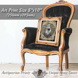 Puede incluir: Una impresi&oacute;n de arte enmarcada con una est&eacute;tica vintage que presenta una mano con un ojo en la palma, rodeada de rosas y un dise&ntilde;o circular. La impresi&oacute;n mide 20,3 cm por 25,4 cm y se muestra en una silla de terciopelo negro.